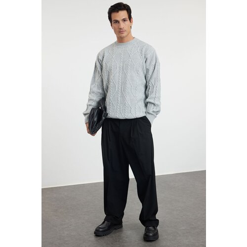Trendyol gray oversize crew neck hair knitted knitwear sweater Slike