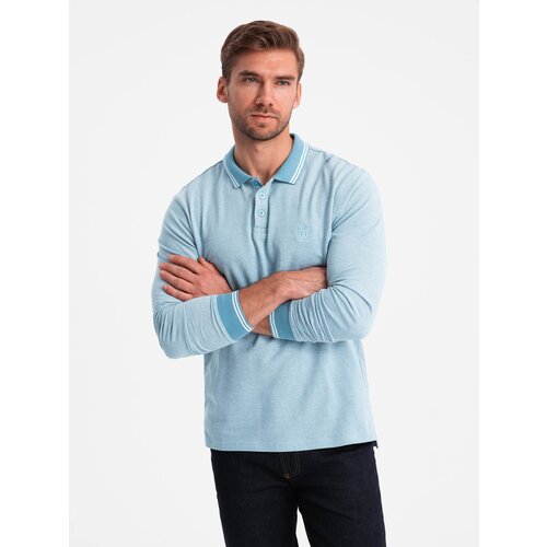 Ombre Men's melange polo longsleeve with embroidery - blue melange Cijene
