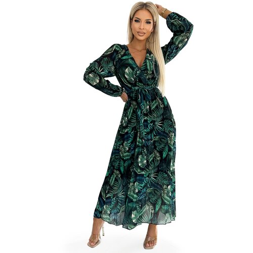 Numoco Pleated chiffon long dress with a neckline, long sleeves and belt Slike
