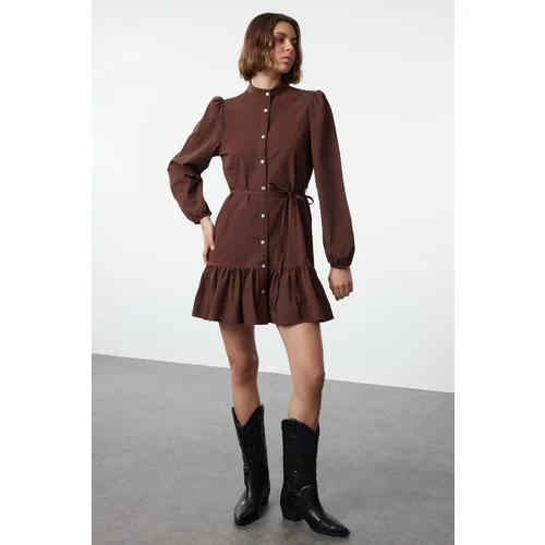 Trendyol Brown Belted Long Sleeve Mini Woven Shirt Dress