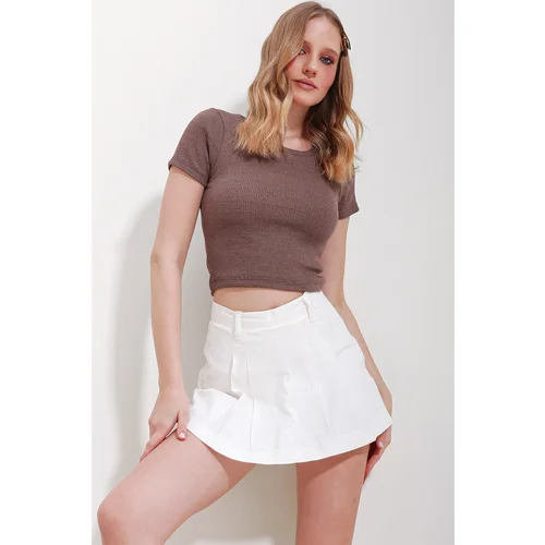 Trend Alaçatı Stili Women's Light Brown Crew Neck Crop Knitted Blouse