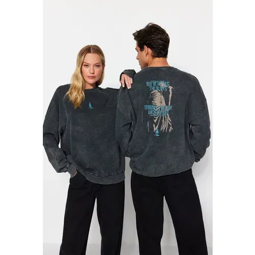 Trendyol Anthracite Unisex Oversized Crew Neck 100% Cotton Washable Effect Thick Mystical Theme Sweatshirt.