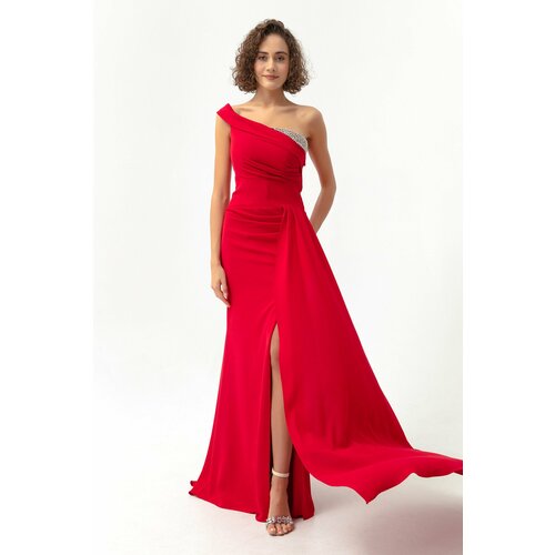 Lafaba Women's Red One-Shoulder Long Evening Dress with Stones. Slike