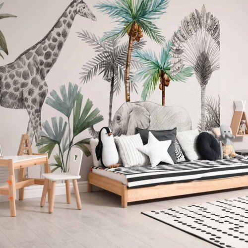  Foto tapeta - Jungle Animals Wallpaper for Children\'s Room in Cartoon Style 500x350 Standard Cene