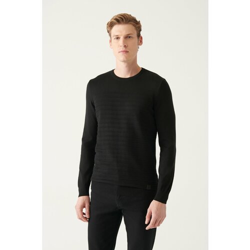 Avva Men's Black Crew Neck Knit Detailed Cotton Standard Fit Regular Cut Knitwear Sweater Slike