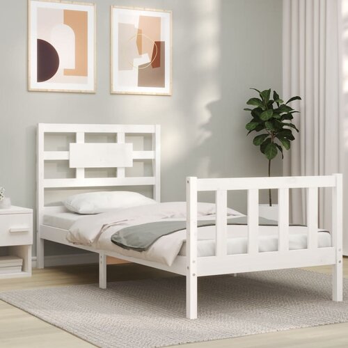 The Living Store Posteljni okvir z vzglavjem bel 100x200 cm trden les - Posteljni Okvir, (21524076) Slike