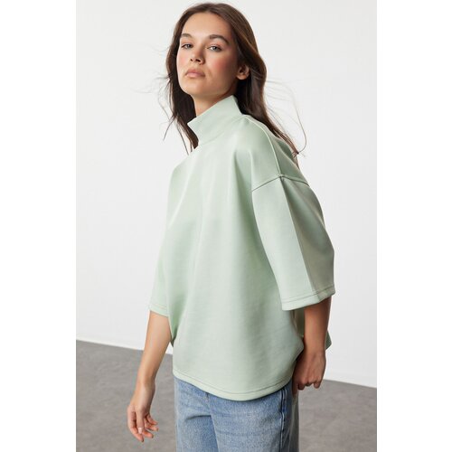 Trendyol Mint Oversize/Wide Fit Stand Collar Three Quarter Sleeve Knitted Sweatshirt Slike