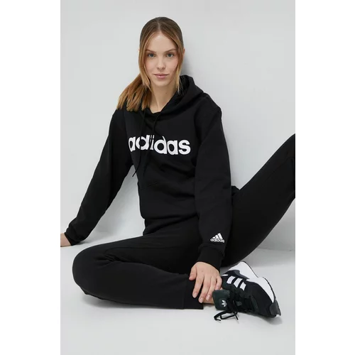 Adidas Bombažen pulover ženska, črna barva, s kapuco