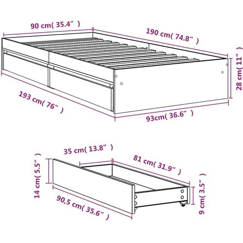 VidaXL Okvir kreveta s ladicama boja dimljenog hrasta 90x190 cm drveni Slike