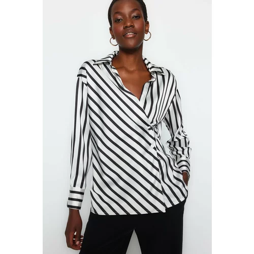 Trendyol Black Satin Double Breasted Striped Woven Shirt