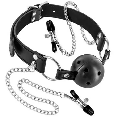 Fetish Tentation Set kugla za usta i &amp;scaron;tipaljke za bradavice, Crni Slike