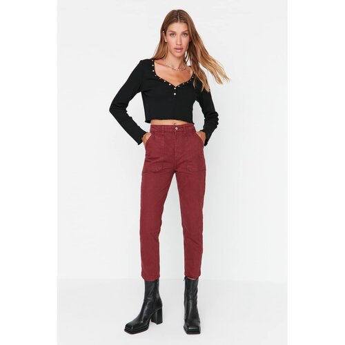 Trendyol Claret Red Pocket Detailed High Waist Mom Jeans Cene