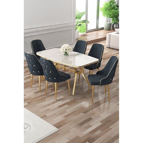 Hanah home trpezarijski set Asel, sto i 6 stolica, ploča u dekoru belog mermera, zlatne noge, antracit tkanina Babyface Cene