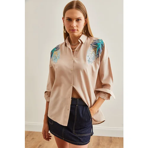 Olalook Women's Beige Leaf Sequin Detailed Woven Shirt