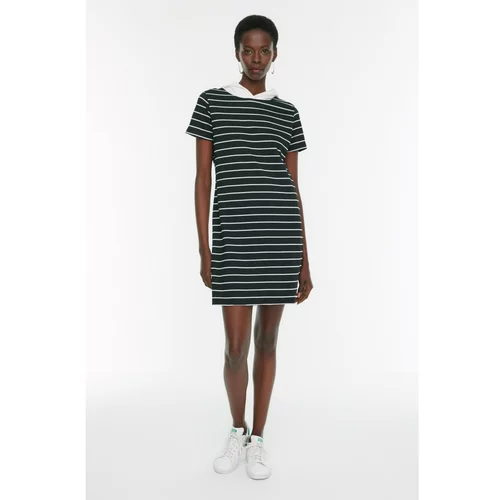 Trendyol Black Hooded Striped Slim Knitted Dress