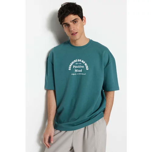 Trendyol Petrol Men's Oversize Crew Neck Short Sleeve Text Printed Cotton Thick T-Shirt