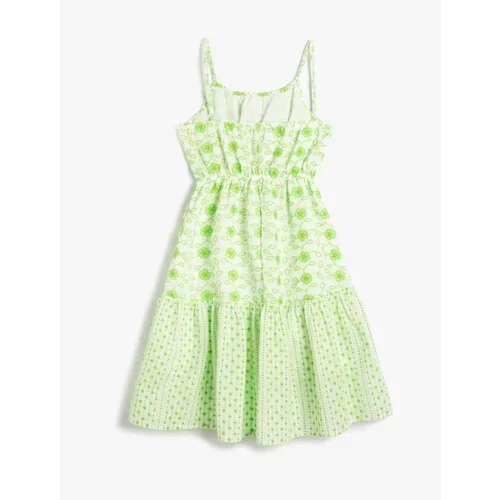 Koton Girl's Dress with Flowers and Thin Straps Lined, Ruffled Gathered Waist.