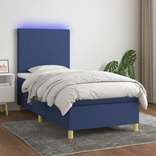 vidaXL Box spring postelja z vzmetnico LED modra 90x200 cm blago