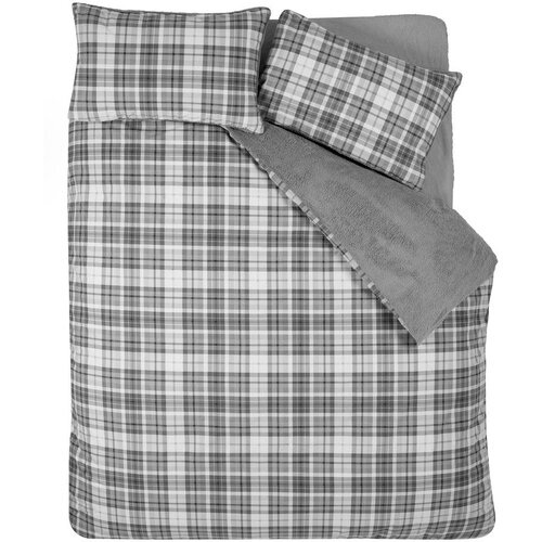 Catherine Lansfield Siva posteljnina za zakonsko posteljo iz sherpa flisa 200x200 cm Cosy Sherpa Check – Cene