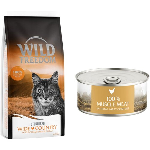 Wild Freedom suha mačja hrana 6,5 kg + WF Instinctive mokra mačja hrana 6 x 70 g po posebni ceni! - Adult "Wide Country" Sterilised perutnina - recept brez žit 6,5 kg + Instinctive Wide Praries - pi&scaron;čanec 6 x 70 g Cijene
