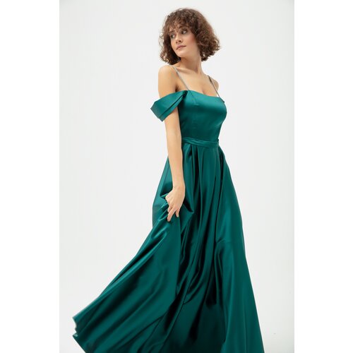 Lafaba Women's Emerald Green Stone Strap Flared Cut Long Evening Dress Slike