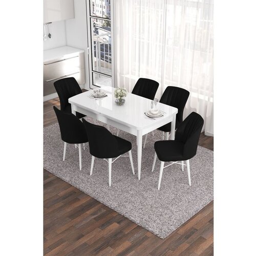 Hanah home Eva - White, Black WhiteBlack Extendable Dining Table & Chairs Set (7 Pieces) Cene