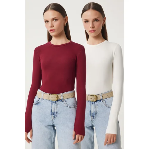 Happiness İstanbul Women's Ecru Claret Red 2-Piece Package Crew Neck Finger-Slotted Basic Knitted Blouse