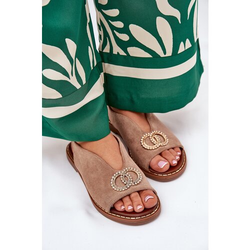 Boto Ladies Sandals With Decoration On Flat Heel Eco Suede Dark Beige Ralisses Cene