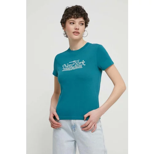 Tommy Jeans Bombažna kratka majica ženski, turkizna barva