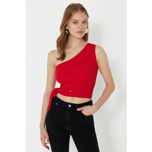 Trendyol Red One-Shoulder Fitted Blouse with Tie Detail Cene