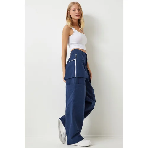  Women's Navy Blue Zippered Parachute Cargo Pants