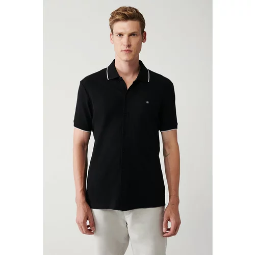 Avva Men's Black 100% Cotton Ribbed Jacquard Short Sleeve Knitted Standard Fit Regular Cut Shirt