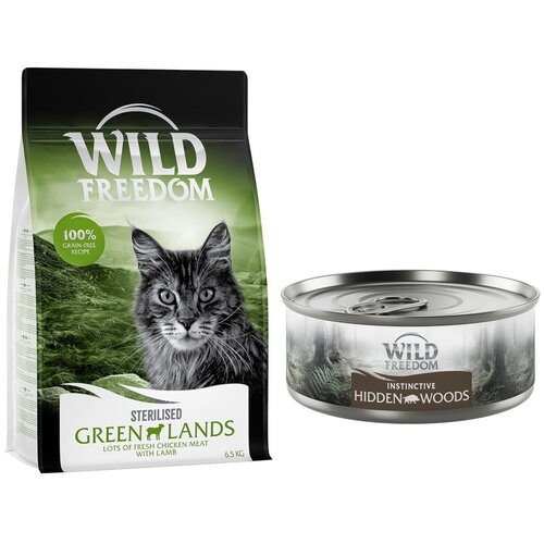 Wild Freedom suha mačja hrana 6,5 kg + WF Instinctive mokra mačja hrana 6 x 70 g po posebni ceni! - Adult "Green Lands" Sterilised jagnjetina - recept brez žit 6,5 kg + Instinctive Hidden Woods - divja svinja 6 x 70 g Cijene