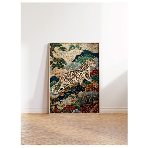 Wallxpert uramljena slika 115250, snežni leopard u orijentalnom stilu među planinama i oblacima, 30 x 40 cm, ram u boji prirodnog drveta Slike