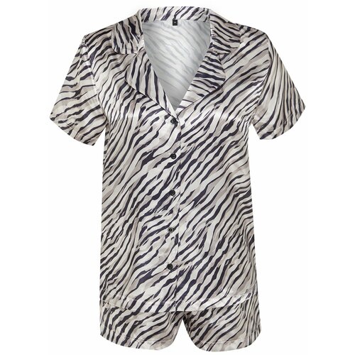Trendyol Mink-Black Zebra Patterned Satin Shirt-Shorts Woven Pajama Set Slike