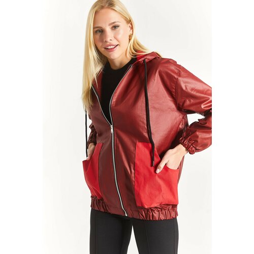 armonika Women's Claret Red Hooded Waterproof Raincoat with Pocket Slike
