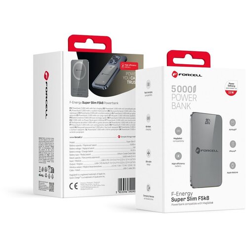 forcell f-energy F5K8 super slim powerbank kompatibilan sa magsafe PD3.0 QC4.0 15W 5000 mah siva Cene
