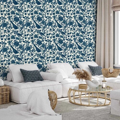  Tapeta - Birds and roses - monochrome blue pattern with botanical motif 50x1000 Cene