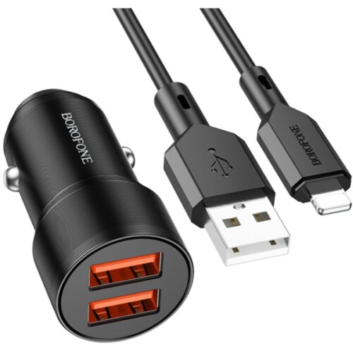  AUTO PUNJAČ BOROFONE BZ19 WISDOM – 2XUSB – 12W SA USB NA LIGHTNING KABLOM CRNI Cene