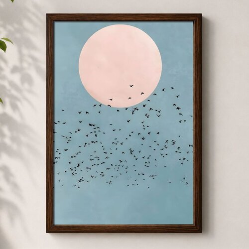 Wallxpert uramljena mdf slika 3752KACT-033, jato ptica ispred ružičastog sunca na plavoj pozadini, 37 x 52 cm Cene