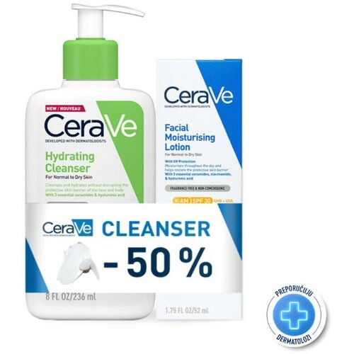 CeraVe Hidratantna emulzija za čišćenje za normalnu i suvu kožu, 236 ml+ Hidratantna nega za lice za normalnu do suvu kožu SPF30, 52 ml PROMO Cene
