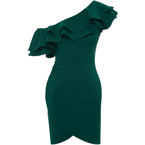 Trendyol Emerald Green Single Sleeve Frilly Elegant Evening Dress Slike
