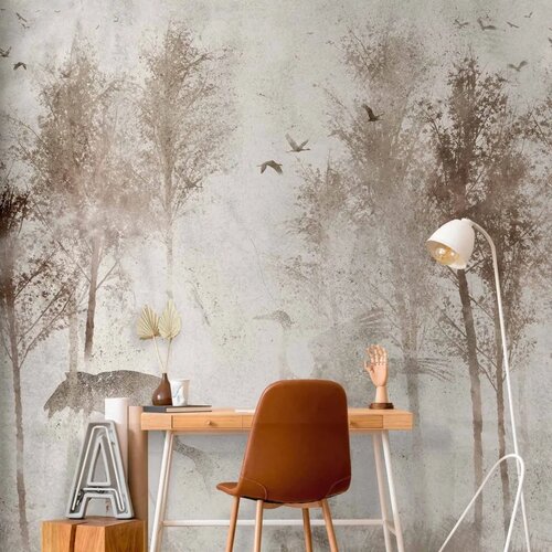  Foto tapeta - Among the trees - landscape in grey tones in fog in a clearing with birds 500x350 Premium Cene