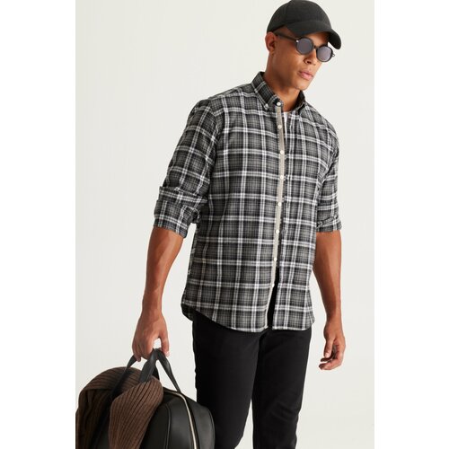 ALTINYILDIZ CLASSICS Men's Anthracite-Grey Comfort Fit Relaxed Cut Buttoned Collar Cotton Checkered Shirt Slike
