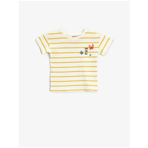 Koton Embroidered Striped Crew Neck Short Sleeved T-Shirt Cotton