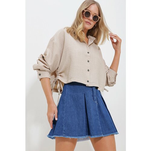 Trend Alaçatı Stili Women's Beige Gathered Melange Linen Crop Shirt Cene