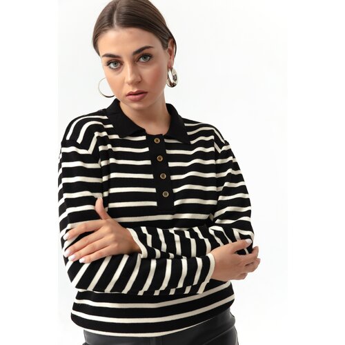 Lafaba Women's Black Polo Neck Striped Knitwear Sweater Slike