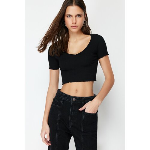Trendyol Black Pool Collar Baby Overlock Detailed Crop Ribbed Stretchy Knitted Blouse Cene