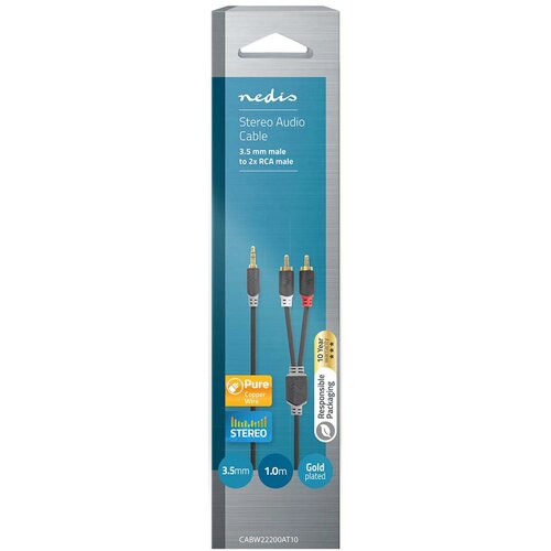 Nedis CABW22200AT10 Stereo audio kabl, 3,5 mm mu&amp;scaron;ki, 2x RCA mu&amp;scaron;ki, Pozlaceni, 1,00 m, Antracit Slike