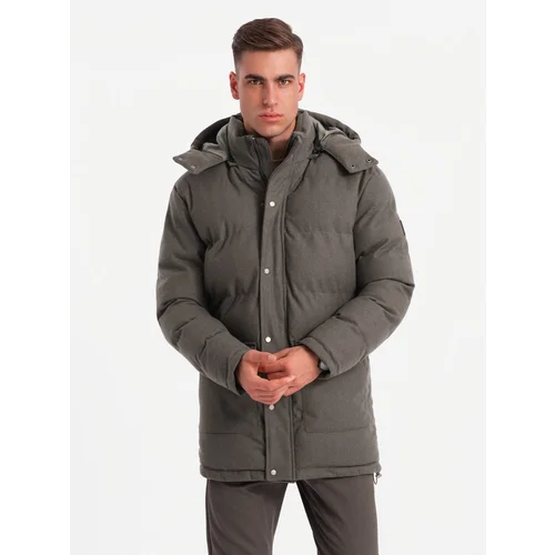 Ombre Men's long warm parka jacket with wool - dark grey melange